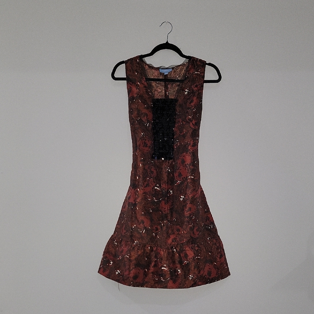Simply Vera Vera Wang Red-Brown Patterned Mini Dress with Black Lace Panel